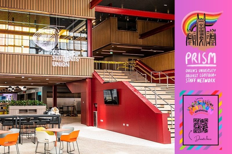 Image of the staircase and seating in the one elmwood foyer with light streaming through the space and PrISM and Rainbow Refugee logo on a pink background